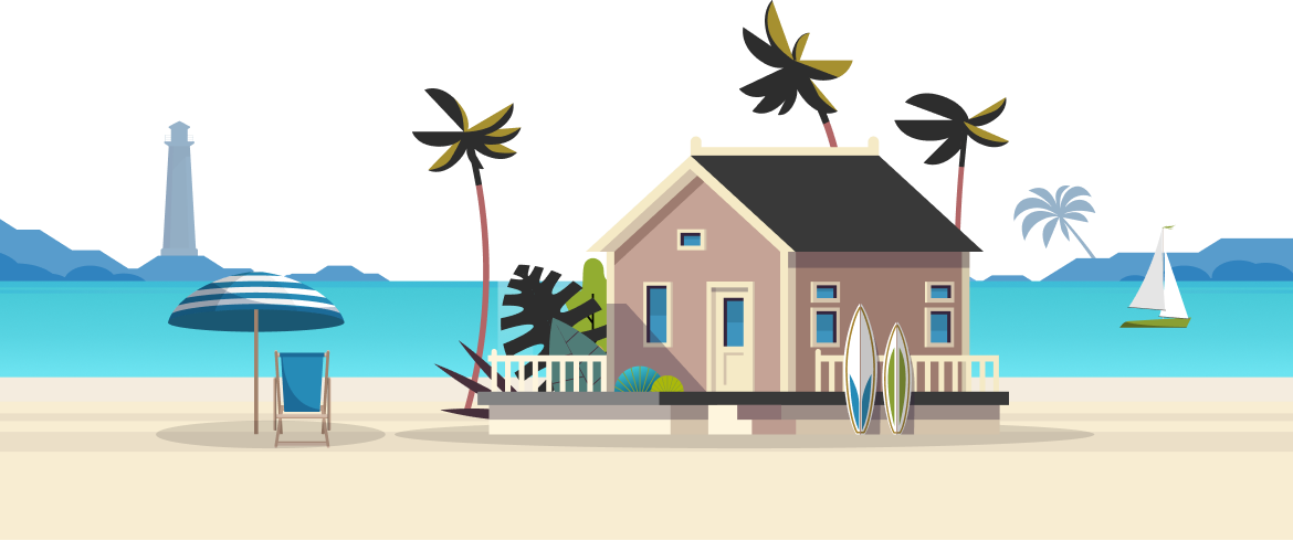 Beach house with palm trees at the ocean